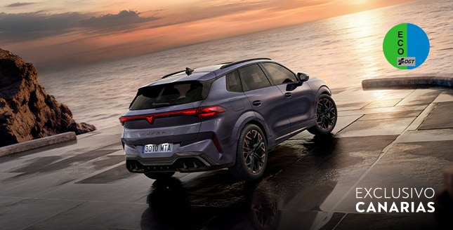 CUPRA Terramar color gris circulando en carretera junto a un acantilado al atardecer, mostrando su diseño deportivo y carácter aventurero.
