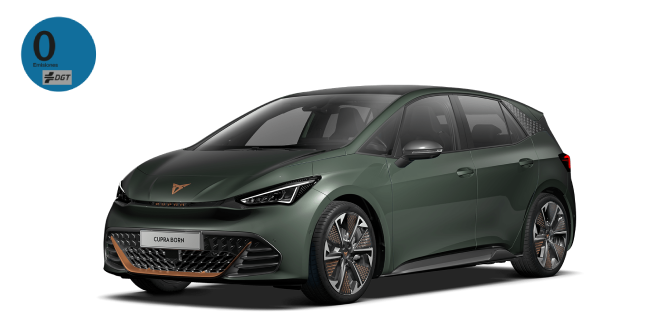 CUPRA Born de color Dark Forest con distintivo ambiental 0 de la DGT