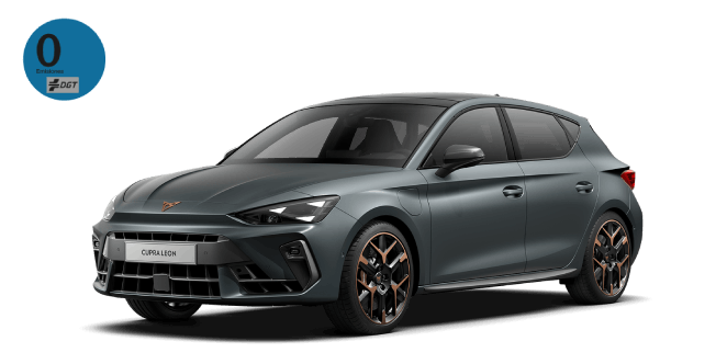 CUPRA León de color gris Enceladus mate con distintivo ambiental 0 de la DGT