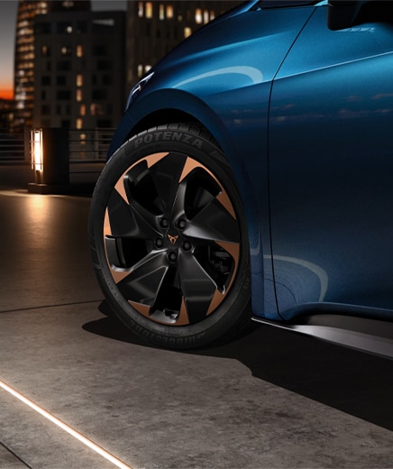 close up of cupra born alloy wheel in the city