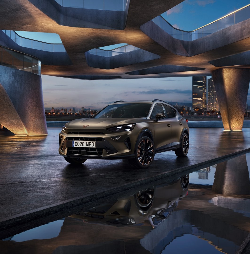 new cupra formentor offer, suv in century bronze matt, model year 2025, with 19 inch artic copper wheels and cityscape background. New car offers available.