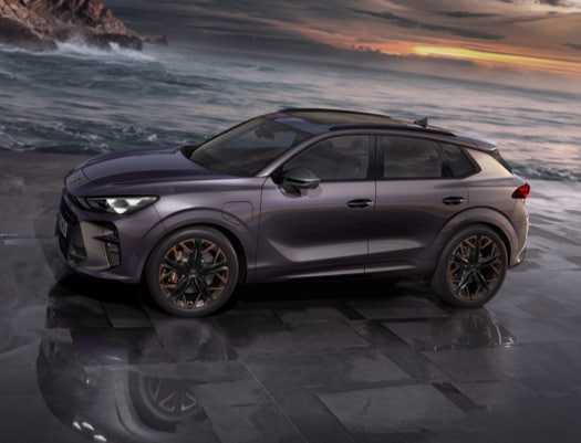 SUV híbrido enchufable CUPRA Terramar e-HYBRID color gris estacionado frente al mar con iluminación natural.