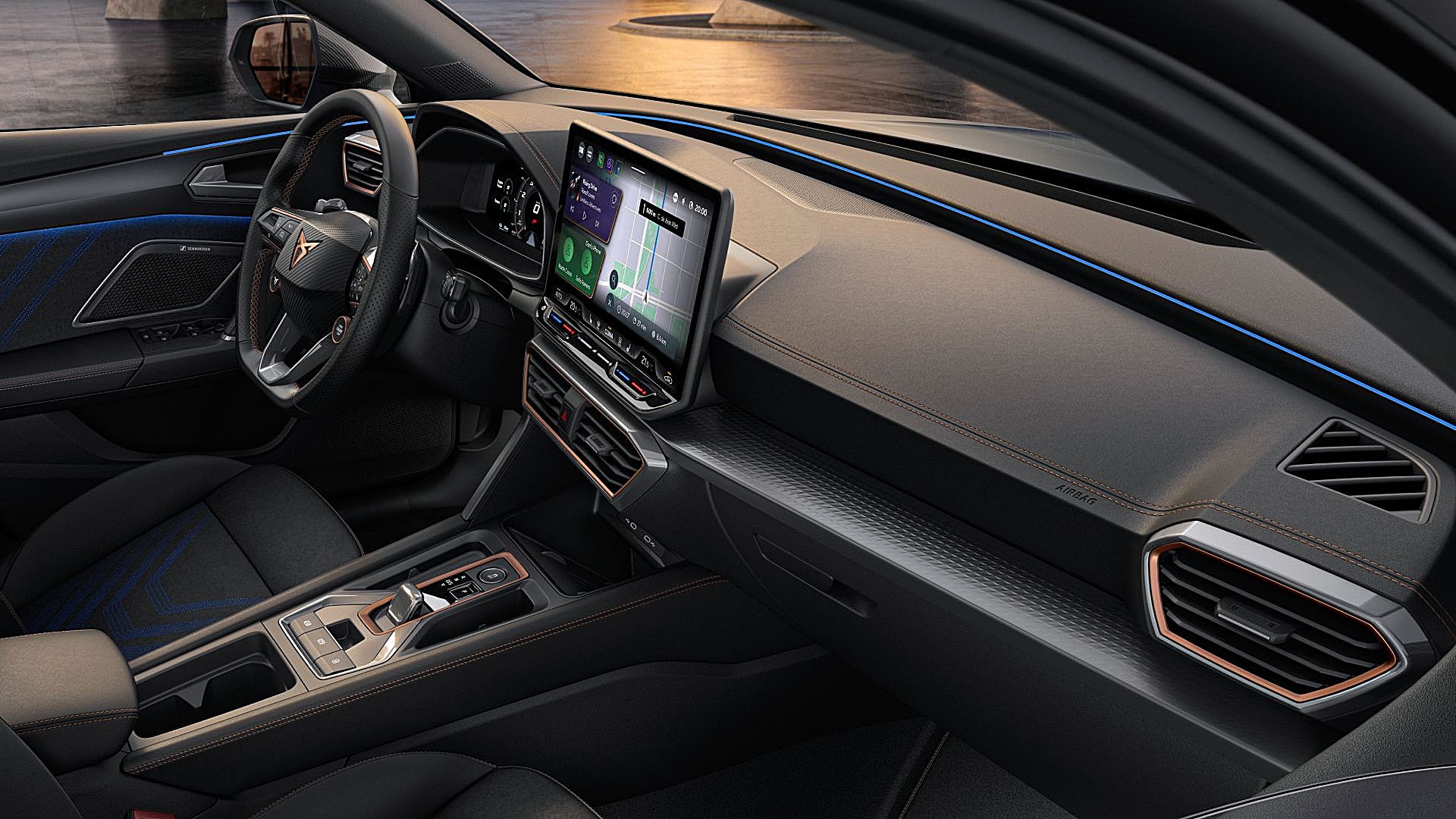 Vista interior de CUPRA León Sporstourer familiar tapicería dynamic design con Climatronic