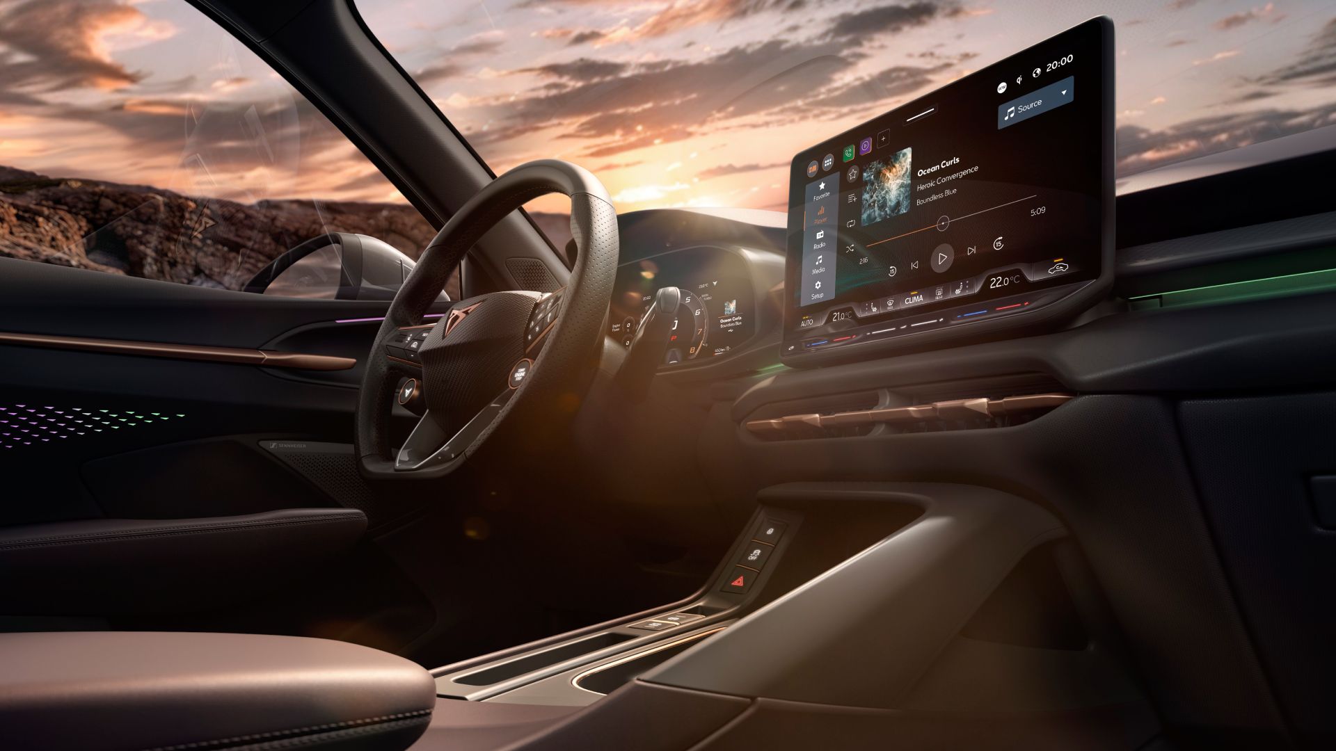 Interior de un CUPRA Terramar SUV compacto híbrido; vista de volante con levas y botones satélite