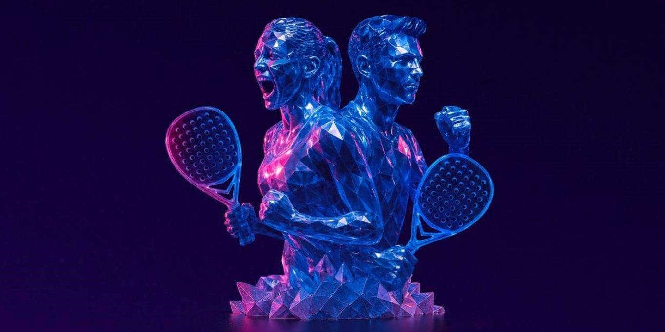 Escultura de jugadores de pádel con palas en las manos y pose de victoria