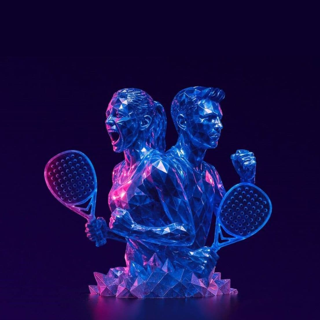Escultura de jugadores de pádel con palas en las manos y pose de victoria