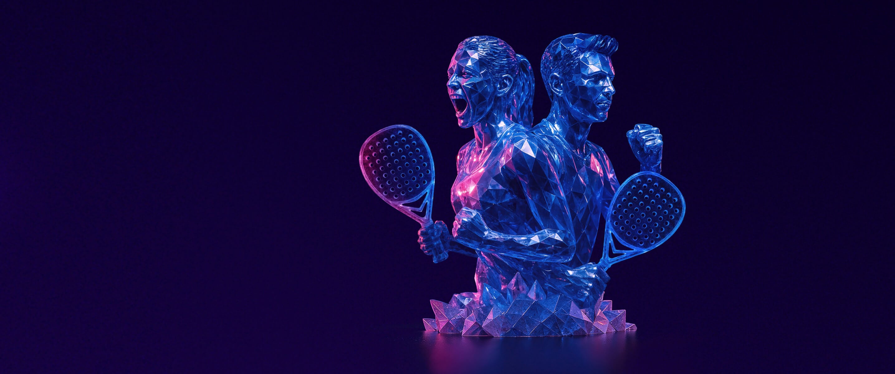 Silhouettes of padel players standing back-to-back with rackets, in a stylised digital artwork with blue and pink lighting