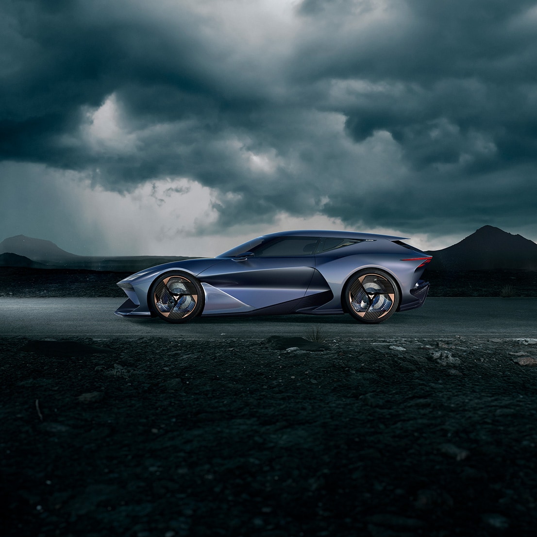 Side of CUPRA DarkRebel car in a dark and stormy setting. 