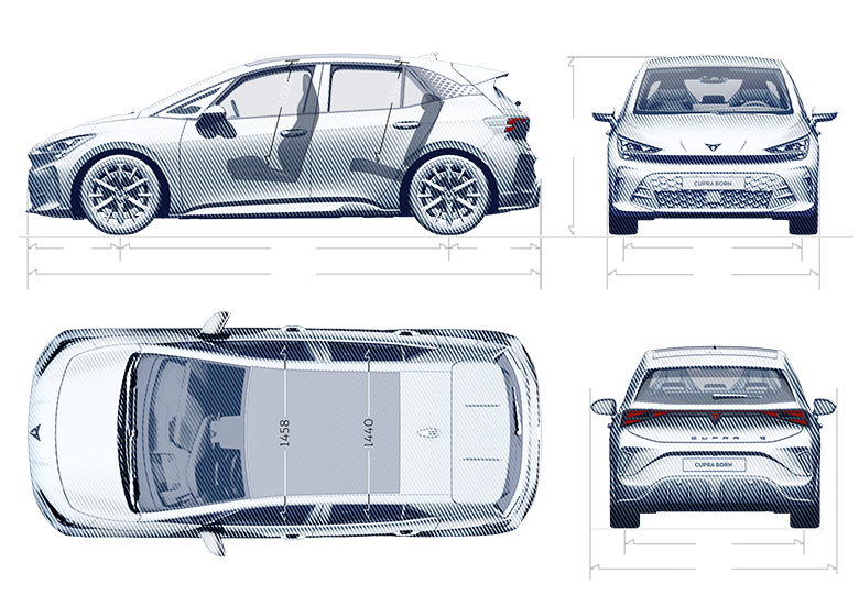 Detalles de las dimensiones del CUPRA Born VZ.