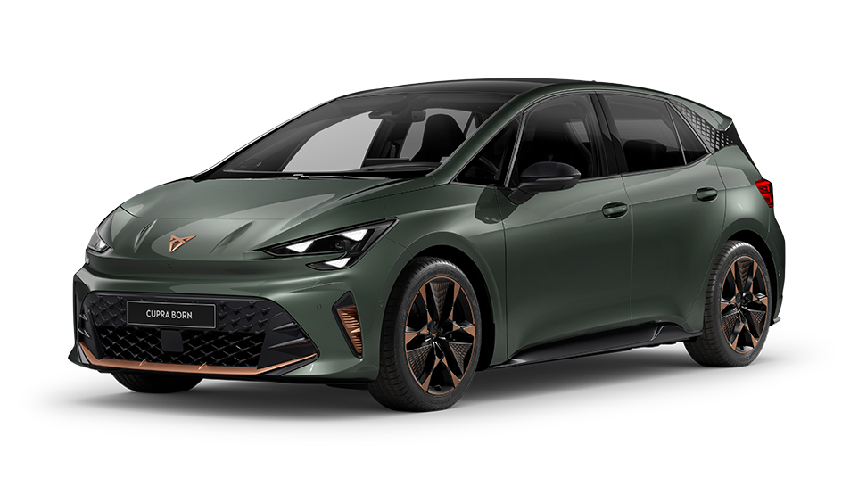 CUPRA Born en acabado verde Dark Forest, con llantas de aleación Storm Copper de 48 cm (19”) en negro brillante.