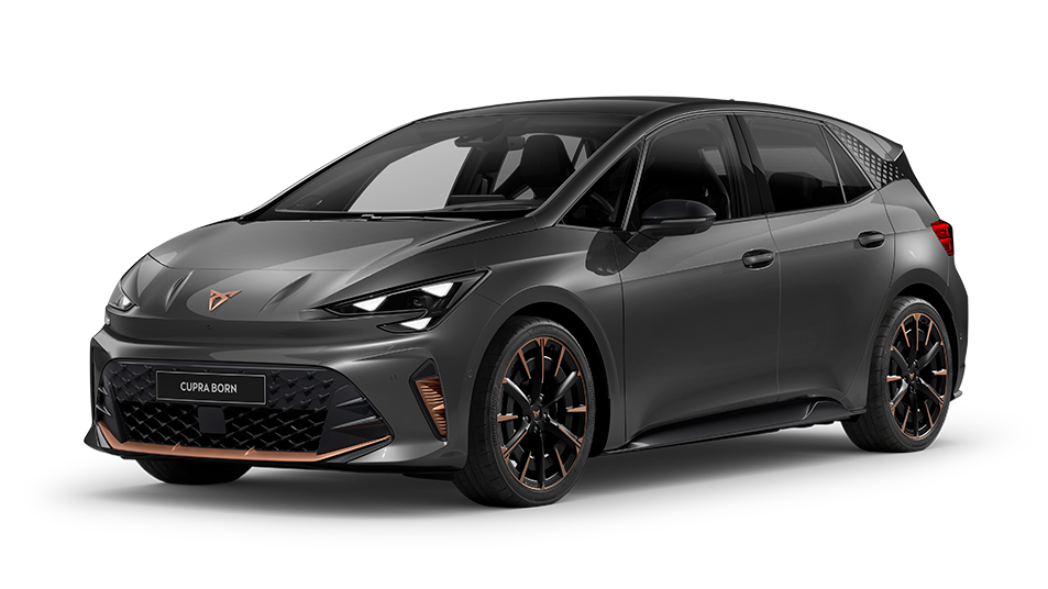 Exterior del CUPRA Born VZ en Gris Timanfaya, con llantas de aleación Firestorm Copper de 51 cm (20”), sobre un fondo negro.