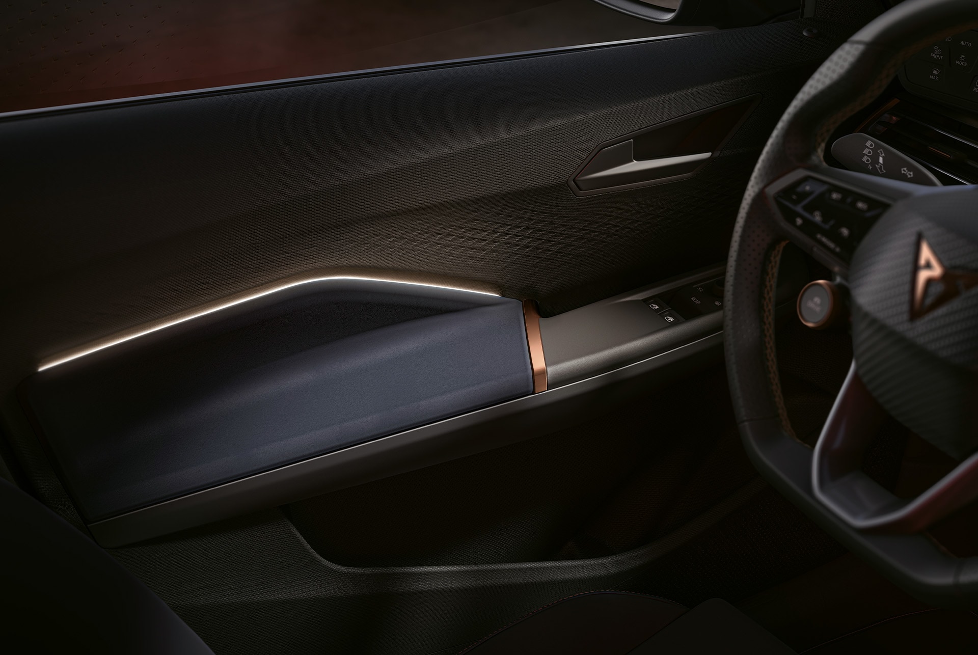 CUPRA Born vista interior del volante e iluminación ambiental multicolor