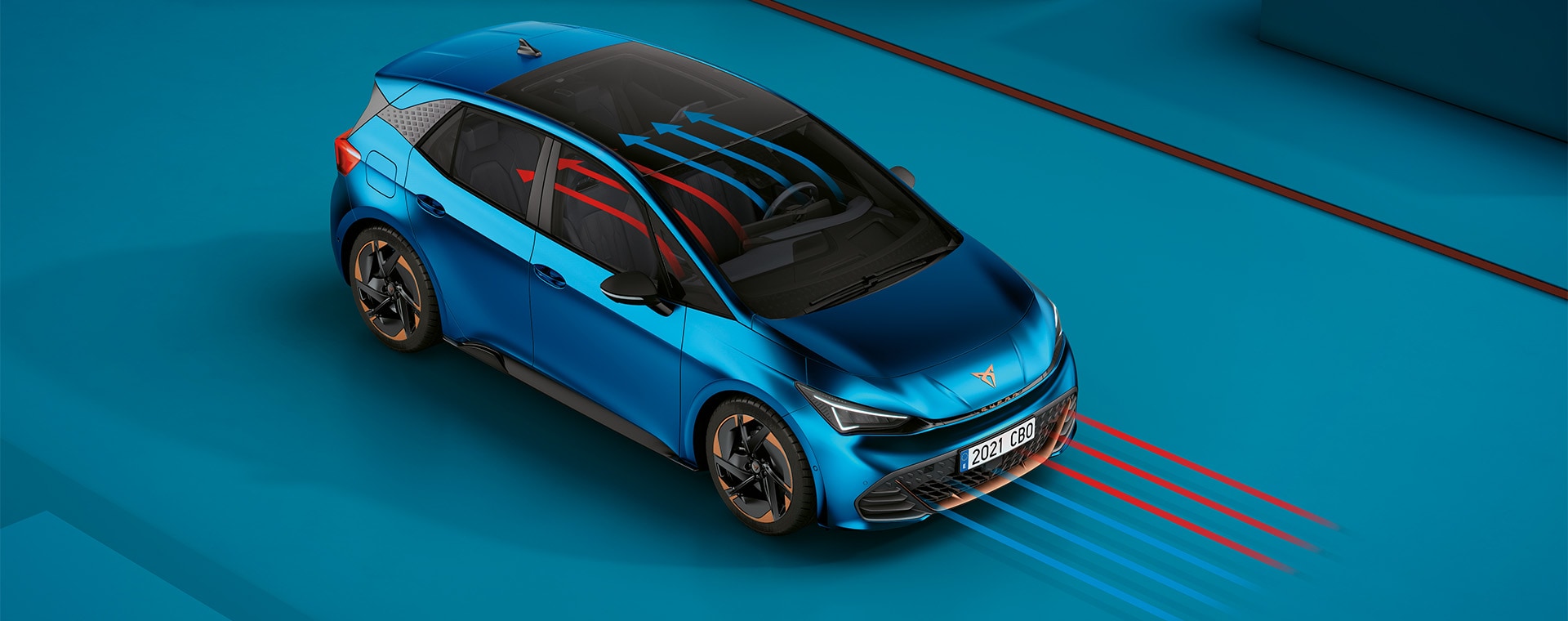 CUPRA Born color azul lava con función del coche con bomba de calor