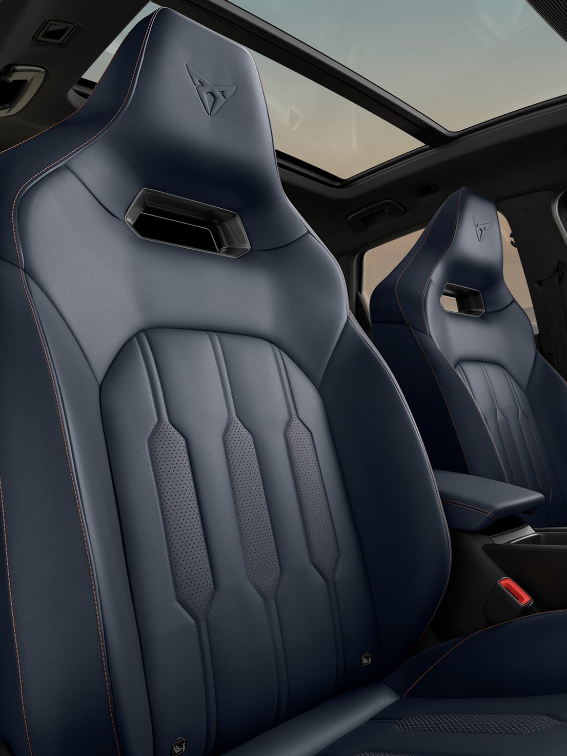 new cupra formentor with petrol blue bucket seats finished with copper stitching