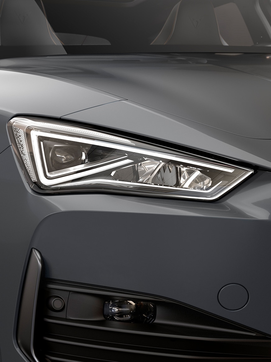 LED headlight of the new CUPRA Leon Sportstourer ehybrid Family Sports Car in graphene 