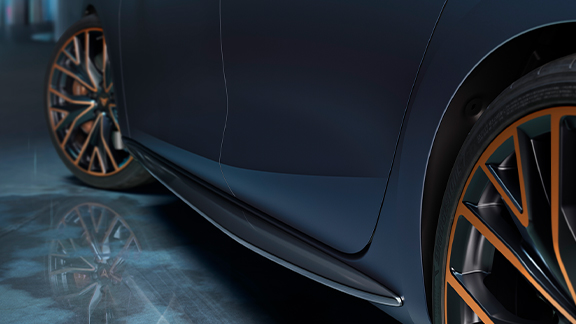 new cupra leon vz cup five doors petrol compact sport car side skirt in dark aluminium close view