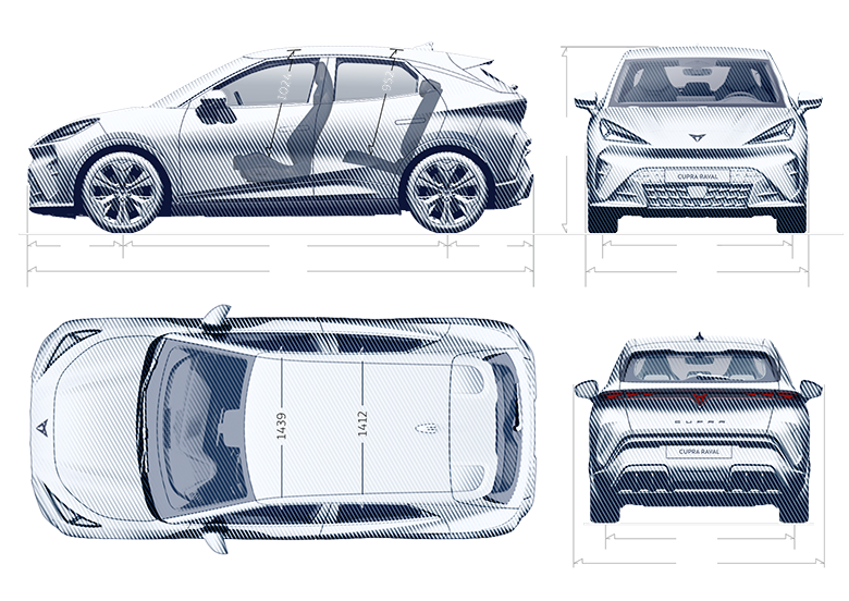 Detalles de las dimensiones del CUPRA Raval Endurance.