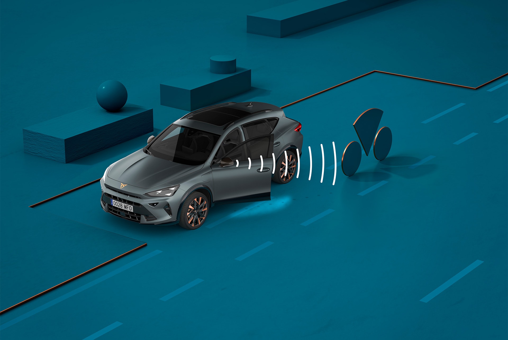Cómo utilizar el sistema de advertencia de apertura de puertas, demostración visual con formas y fondo azul.