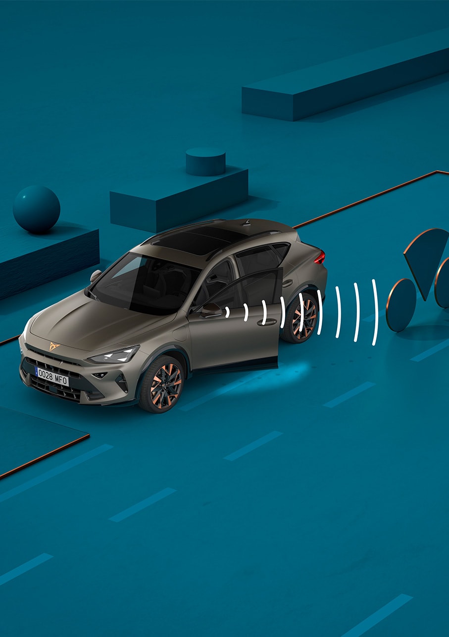 Cómo utilizar el nuevo sistema de aviso de salida del CUPRA Formentor 2025, demostración visual con formas y fondo azul.