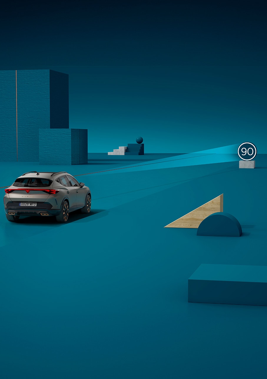 Demostración del sistema de reconocimiento de señales de tráfico del nuevo CUPRA Formentor 2025, fondo azul.