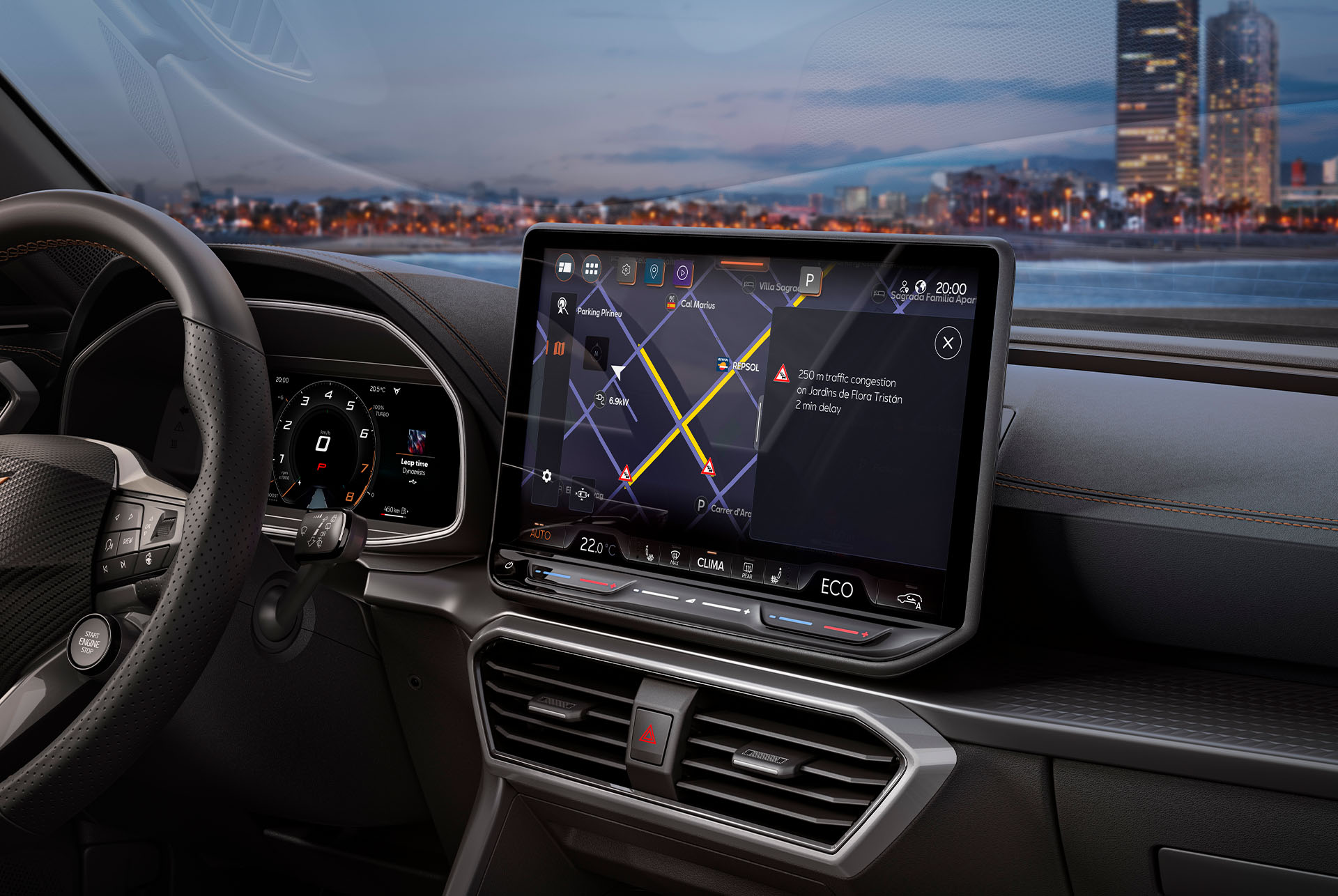 Primer plano del interior del nuevo CUPRA Formentor 2025, sistema de Infotainment, salpicadero, molduras y volante.