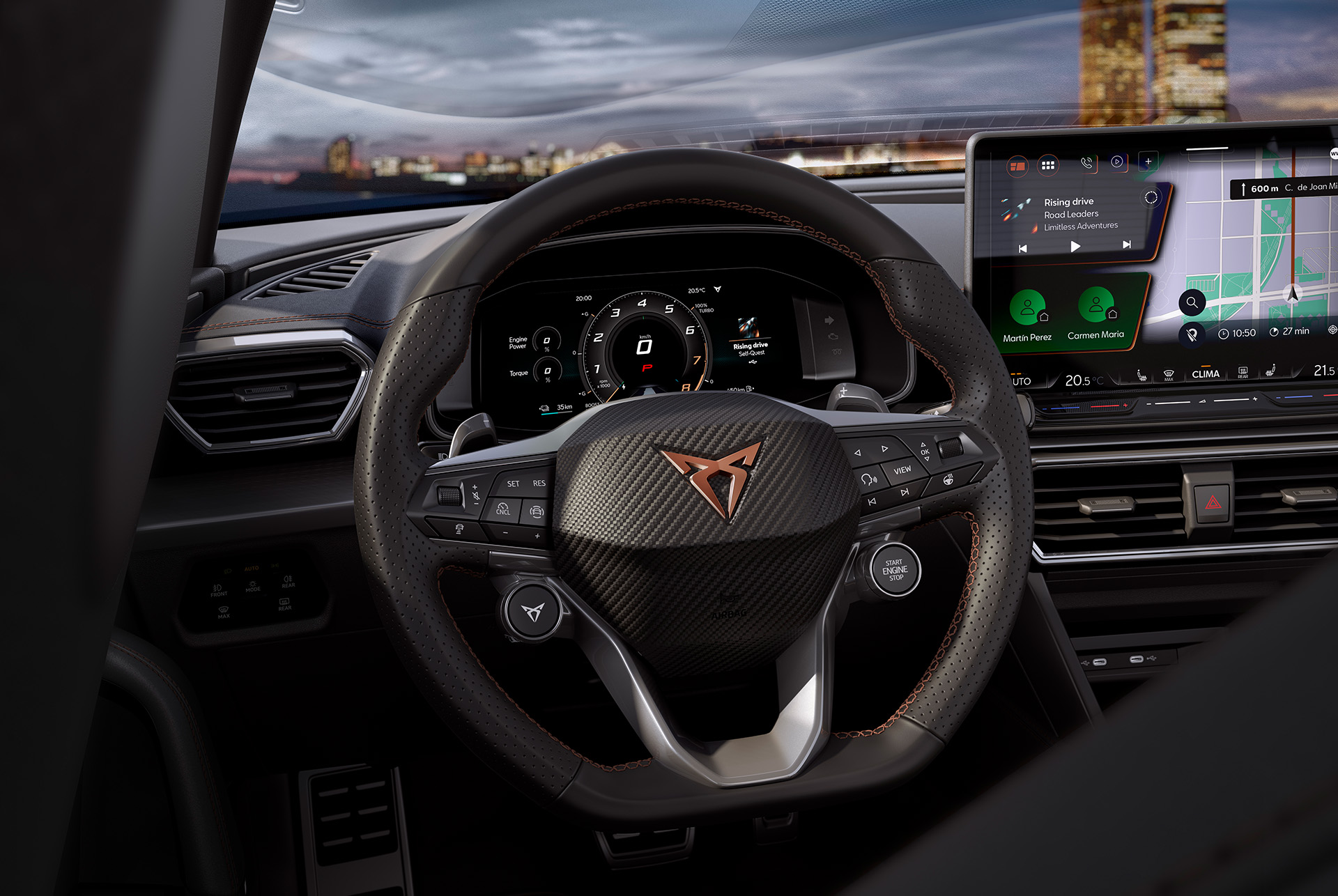Interior del nuevo CUPRA León Sportstourer 2025, volante, conductos de ventilación, Infotainment, salpicadero