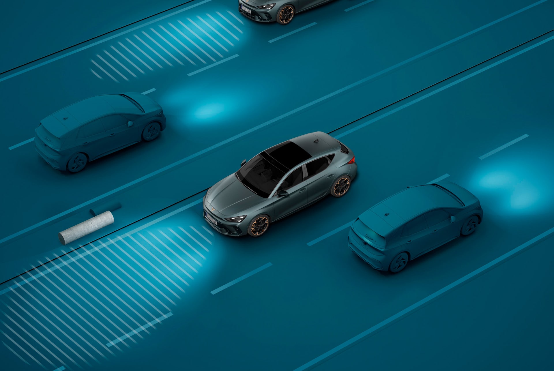 Demo del asistente de luces del nuevo CUPRA León Sportstourer 2025, fondo azul, demostración visual