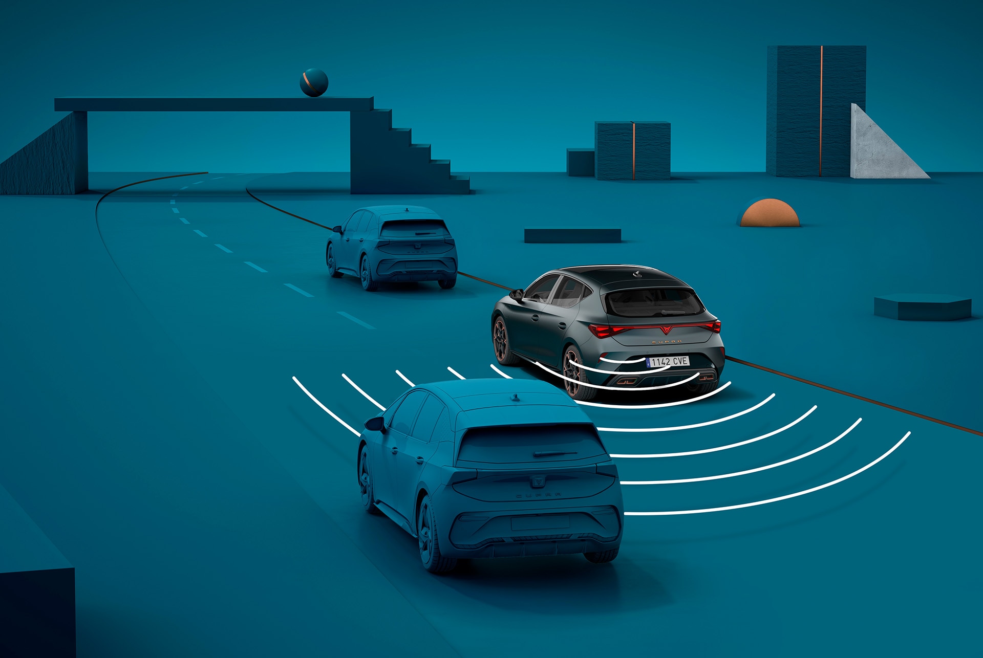 Cómo utilizar el sistema de aviso de salida del nuevo CUPRA León Sportstourer 2025, demostración visual con formas y fondo azul