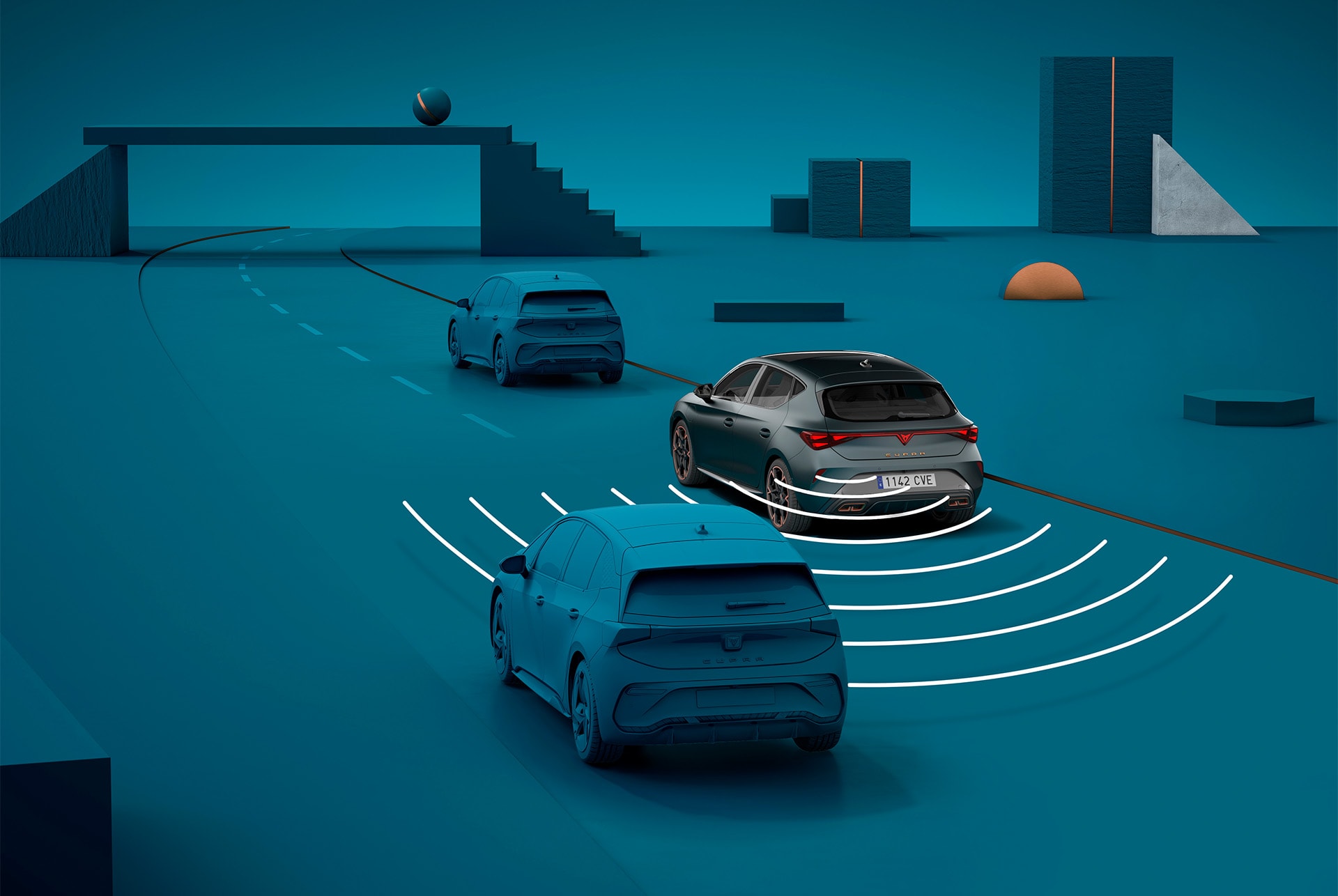 Cómo utilizar el sistema de aviso de salida del nuevo CUPRA León Sportstourer 2025, demostración visual con formas y fondo azul