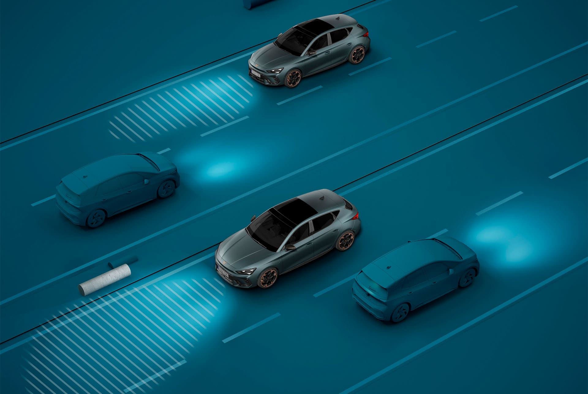Demo del asistente de luces del nuevo CUPRA León Sportstourer 2025, fondo azul, demostración visual