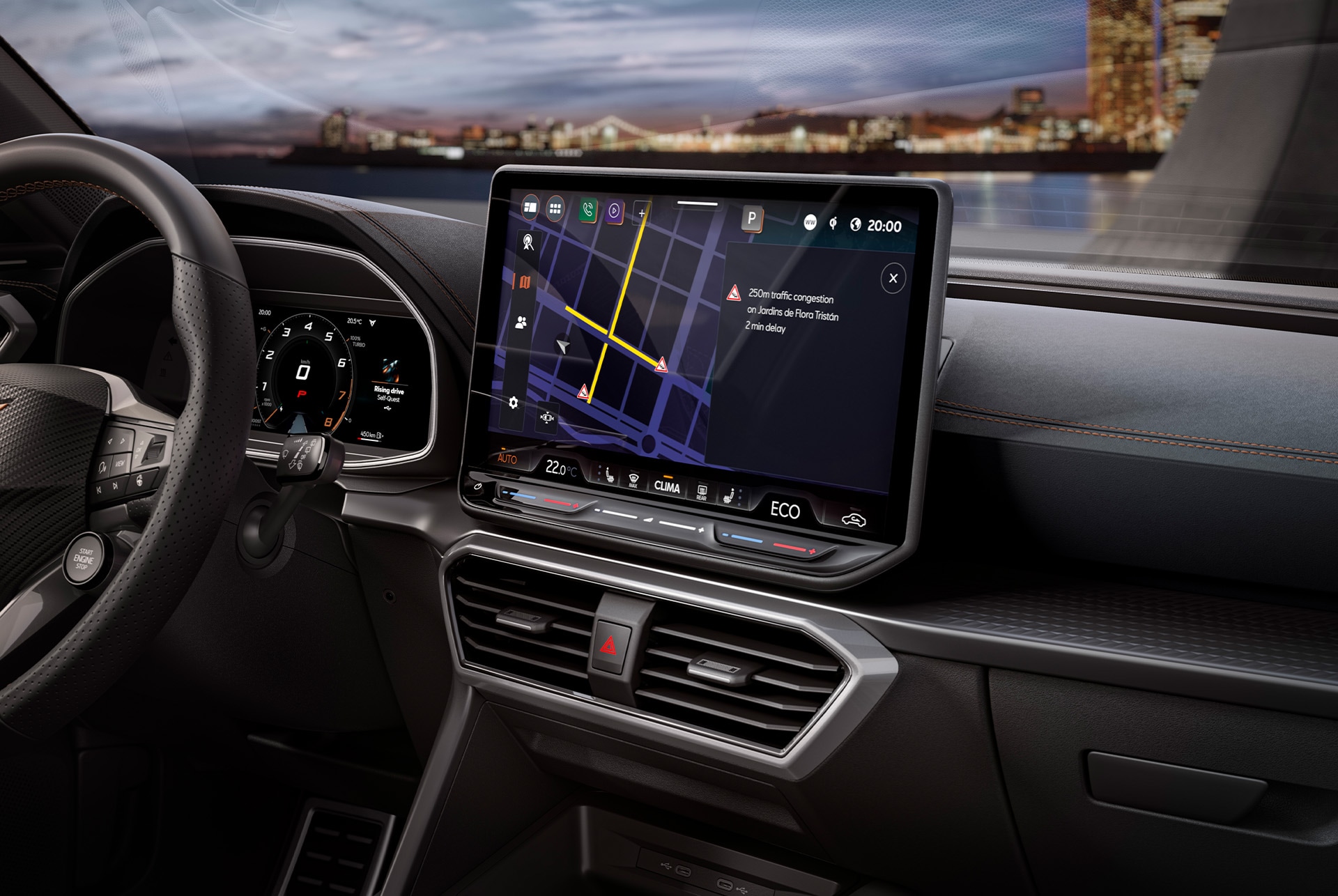 Cupra Leon Sportstourer front side view of car, copper accent wheels and ambient lighting, plugged in and charging