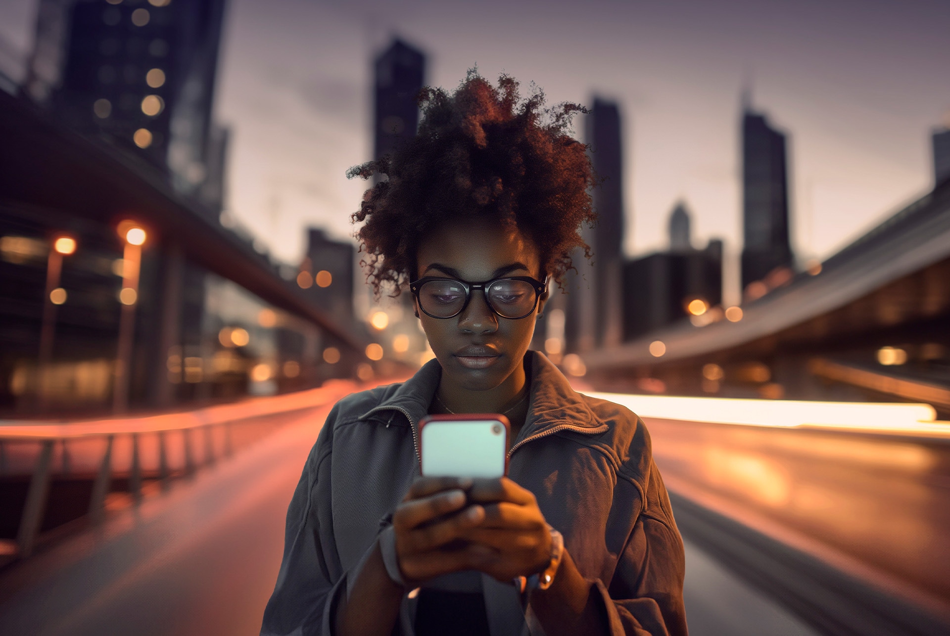 woman on the phone during sunset accessing my cupra app for the Cupra Leon Sportstourer via her smartphone.