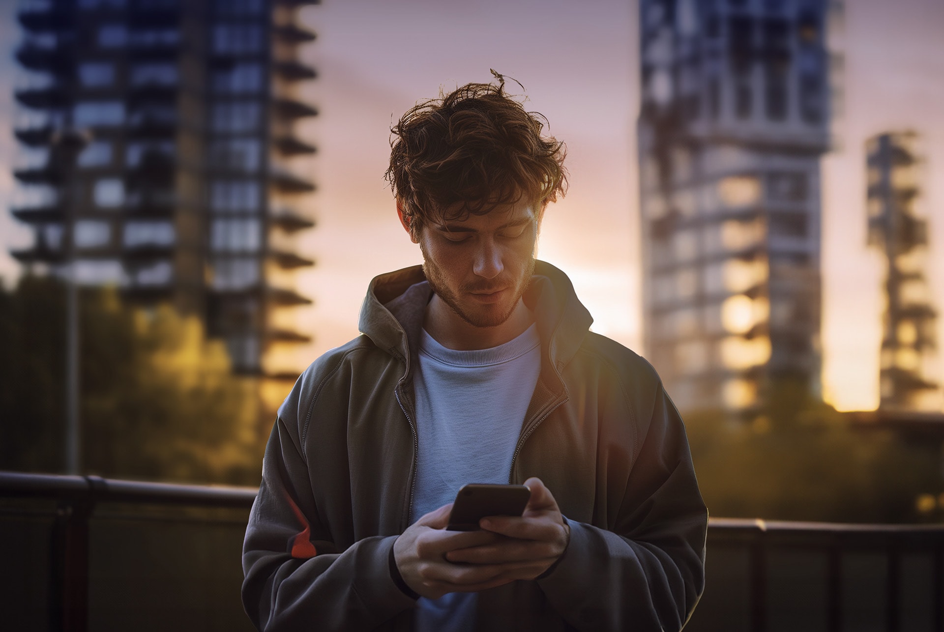 Hombre con un teléfono en la mano, accediendo a My CUPRA app al atardecer.