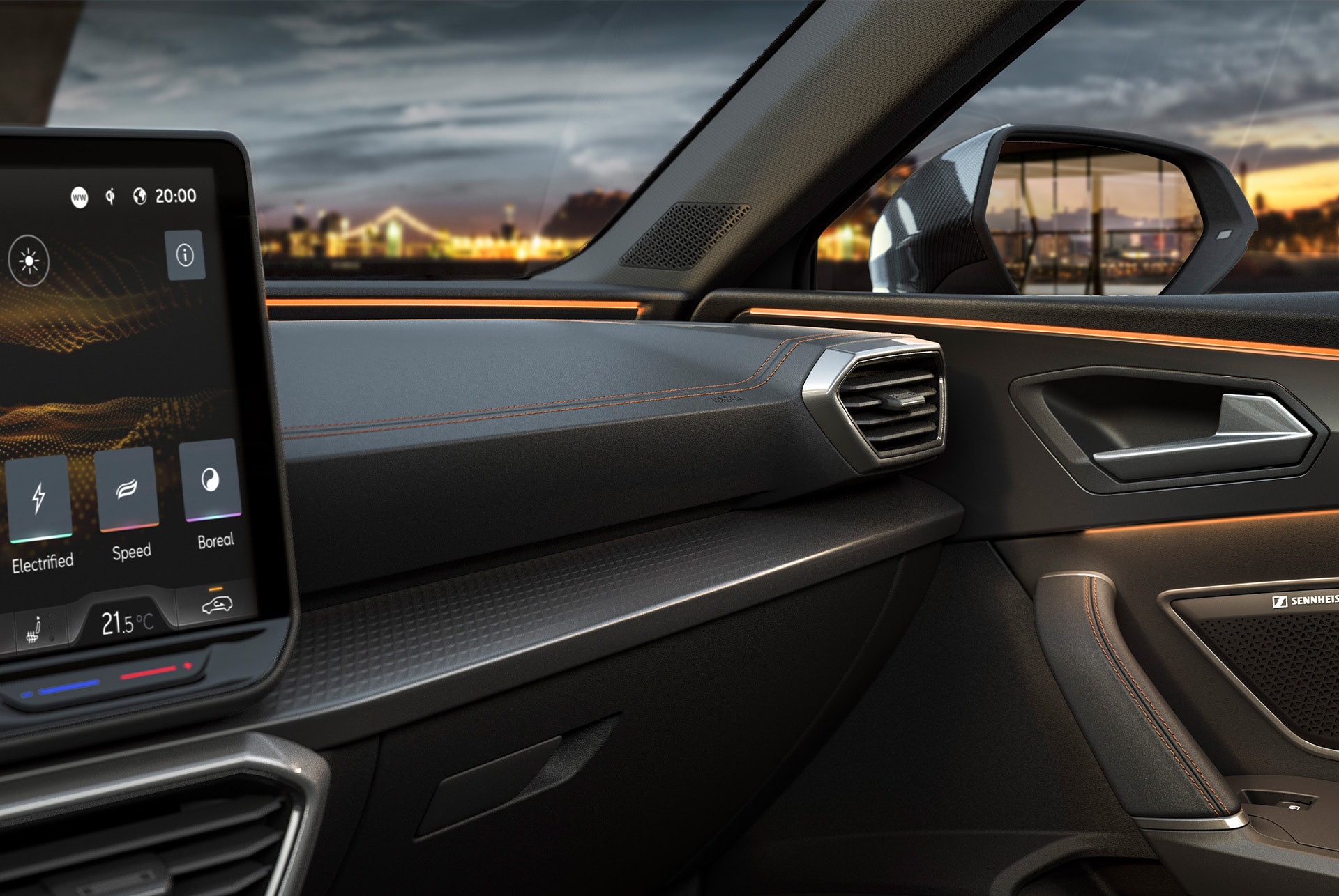 new infotainment system inside the 2024 cupra leon, dashboard interior, wing mirror, air vent and glove compartment.