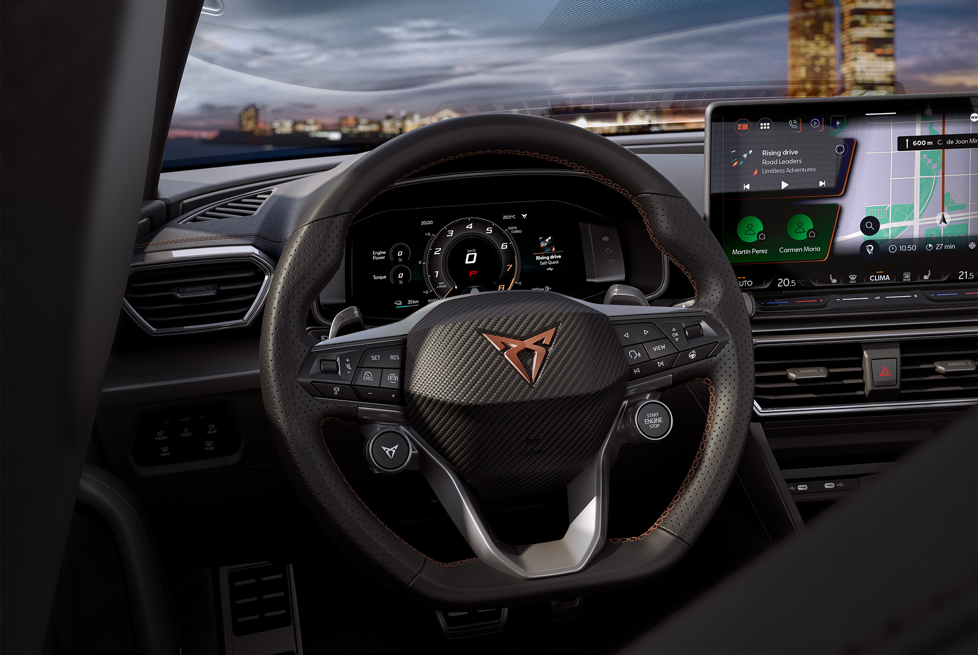 Nuevo CUPRA León 2025, volante inteligente con mandos por satélite, sistemas avanzados de asistencia Safety Tech, control de crucero adaptativo, mantenimiento de carril y visualización dinámica en directo de las señales de tráfico.