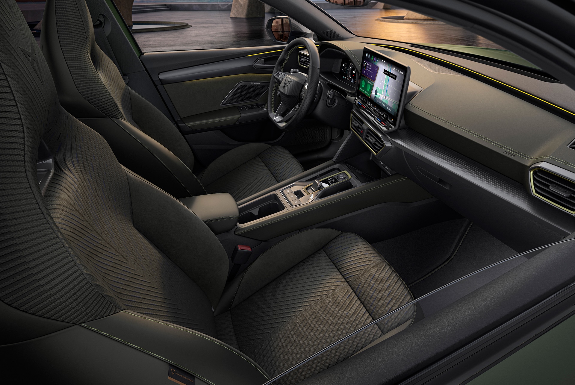Nuevo diseño interior del coche CUPRA León 2025 con tapicería Tribe fabricada con tecnología 3D Knitting.