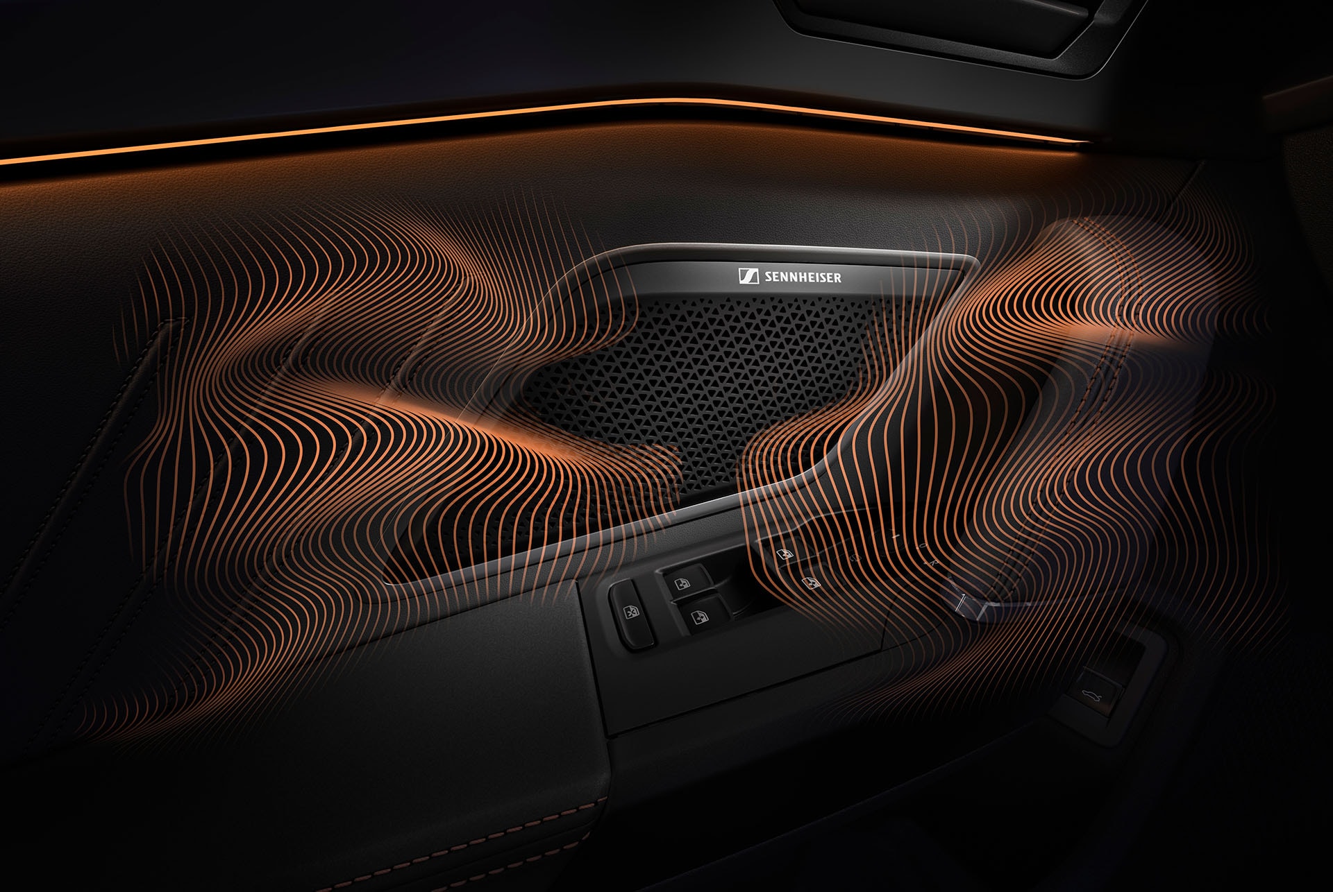 Tecnología de actualización del equipamiento Immersive By Sennheiser del nuevo CUPRA León Sportstourer 2025. Primer plano del altavoz Sennheiser en el panel de la puerta del CUPRA León Sportstourer, ondas sonoras e iluminación ambiental.