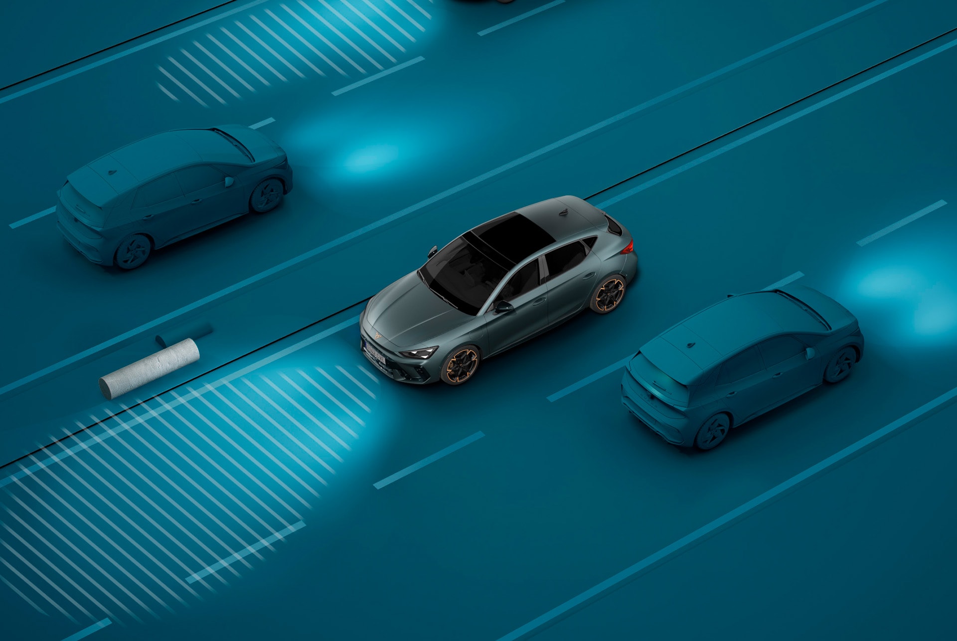 Cómo utilizar la tecnología de asistente de luces del nuevo CUPRA León 2025, demostración, fondo azul