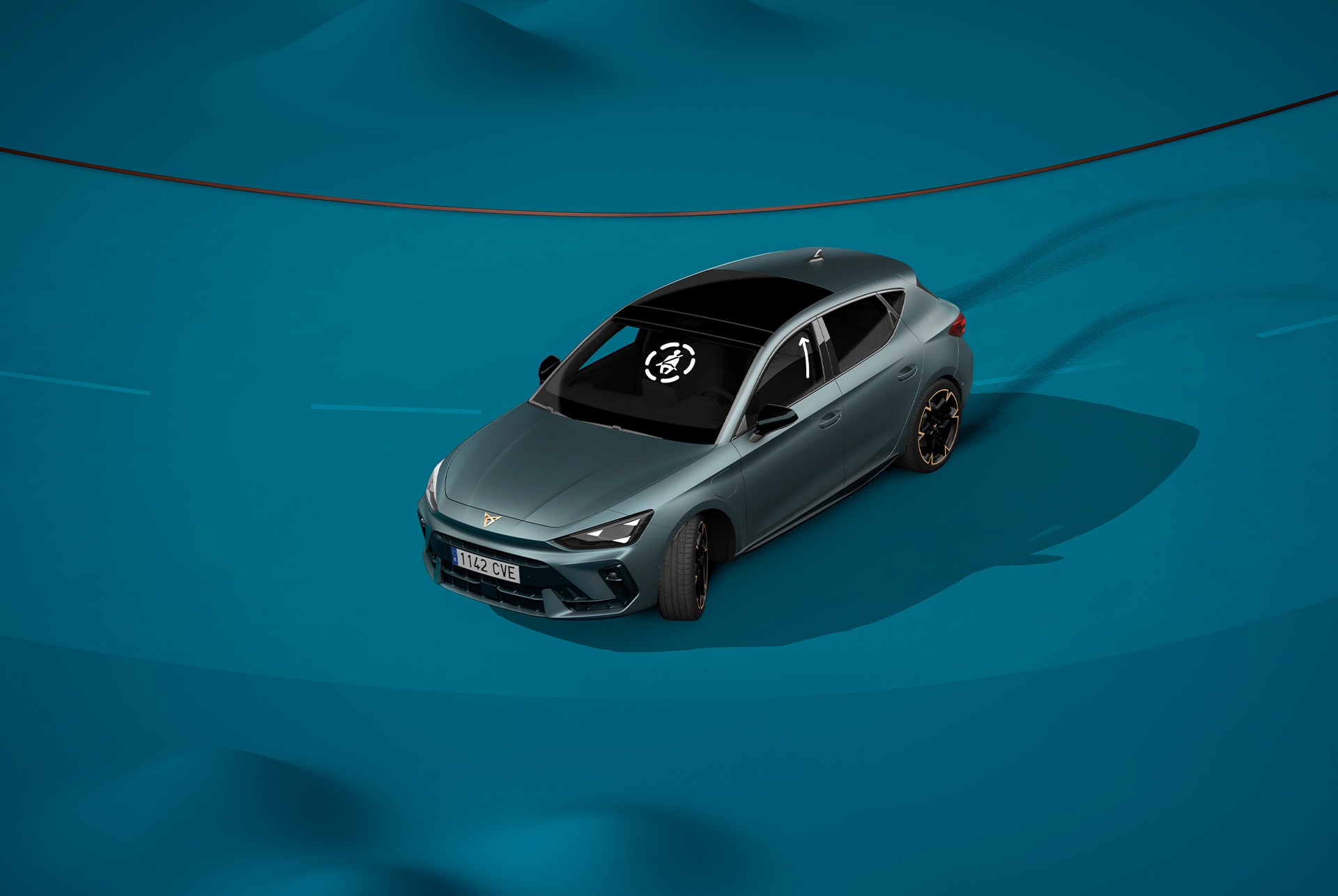 Nuevo CUPRA León 2025, nueva tecnología de seguridad precolisión, fondo azul y demostración visual