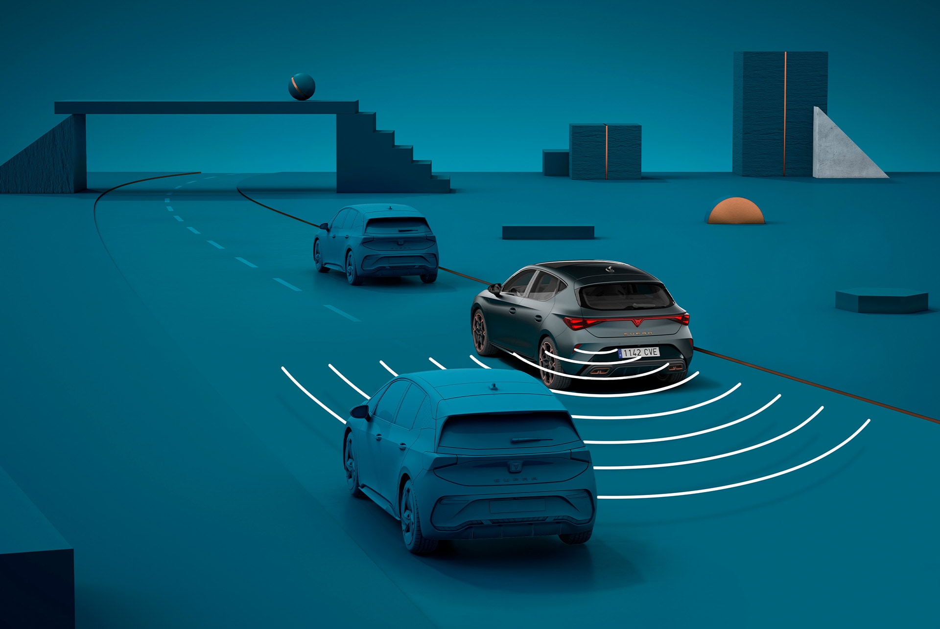 Cómo utilizar el sistema de aviso de salida del nuevo CUPRA León 2025, demostración visual con formas y fondo azul