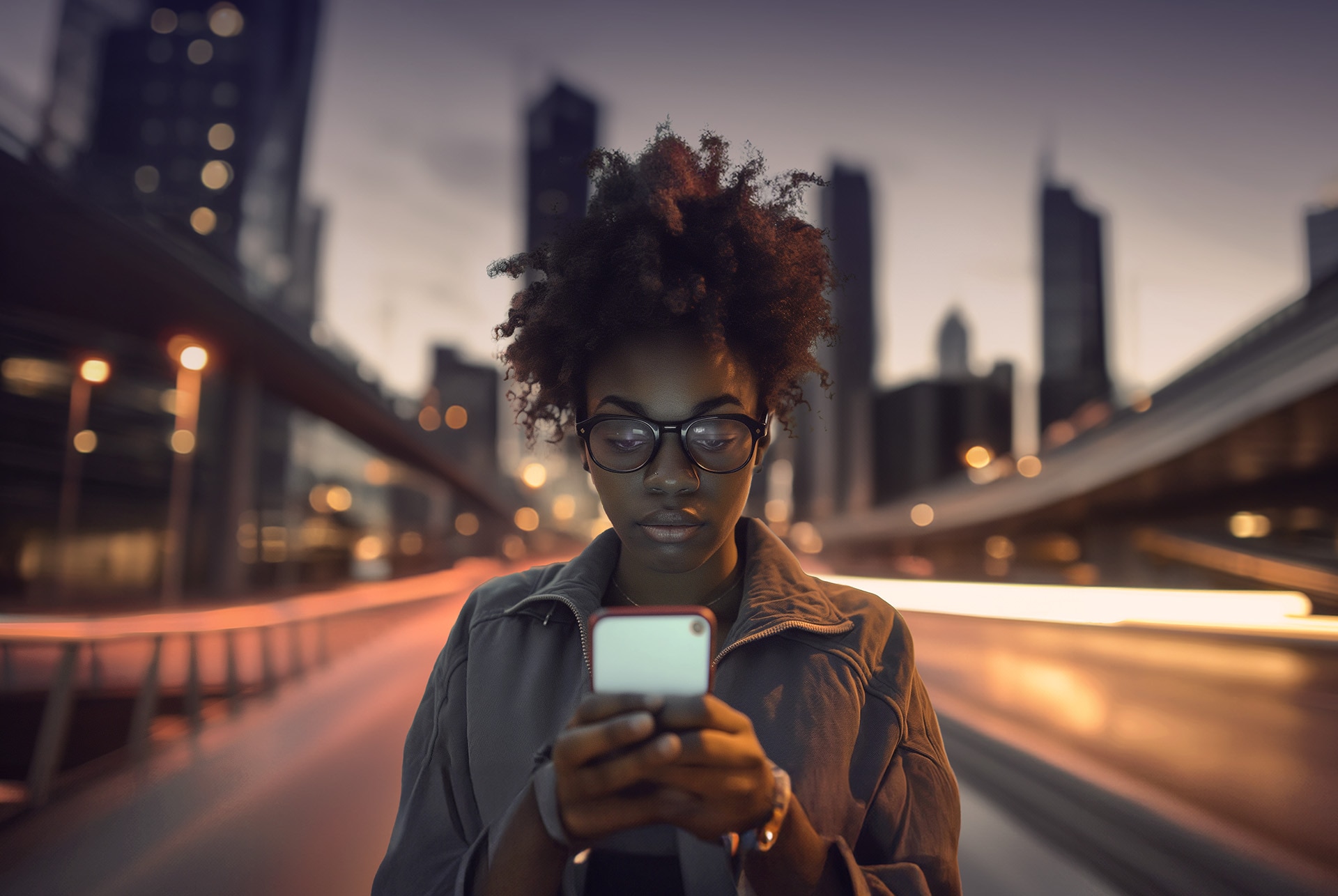 Mujer al teléfono durante el atardecer accediendo a My CUPRA app para el CUPRA León, a través de su teléfono