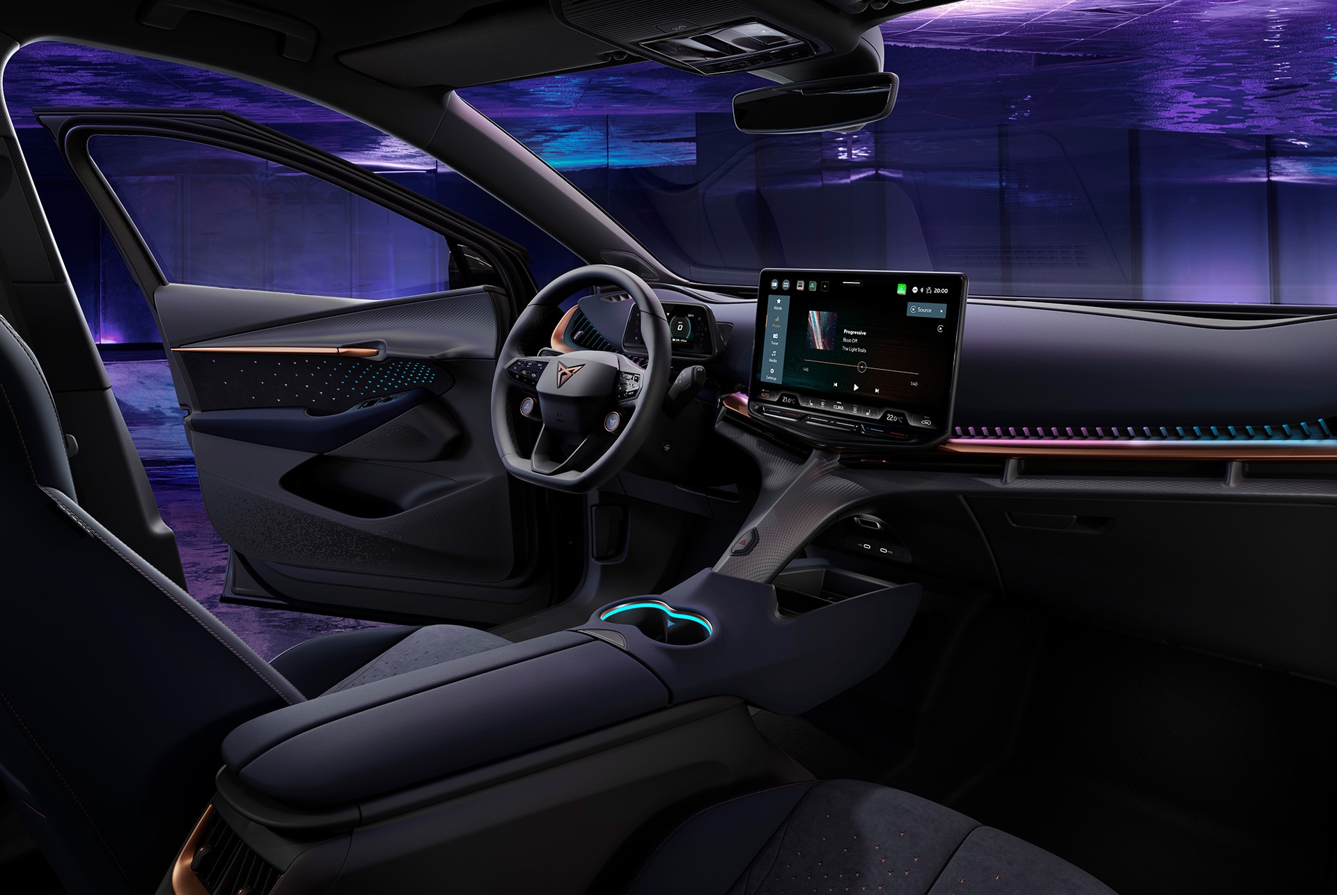 Vista interior del CUPRA Tavascan con consola en forma de Y