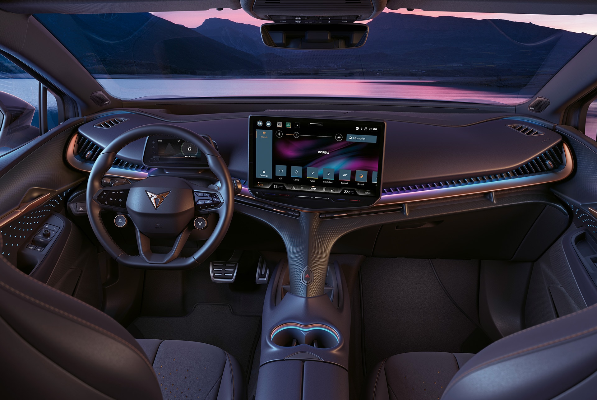 asiento del conductor, salpicadero y sistema de Infotainment del CUPRA Tavascan 2025