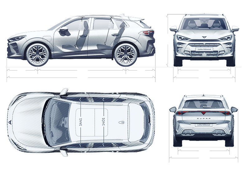Distintas vistas del CUPRA Terramar que muestran las dimensiones del coche.