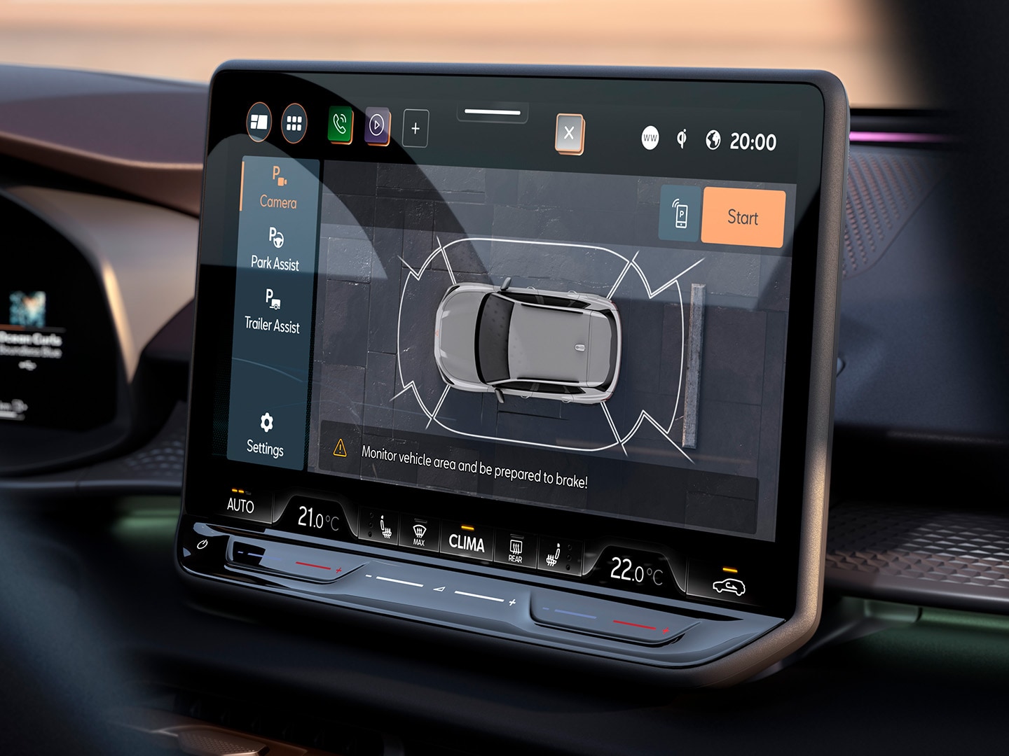 Detalles del CUPRA Terramar, con las funciones de cámara de visión superior, asistente de viaje e Intelligent Park Assist.