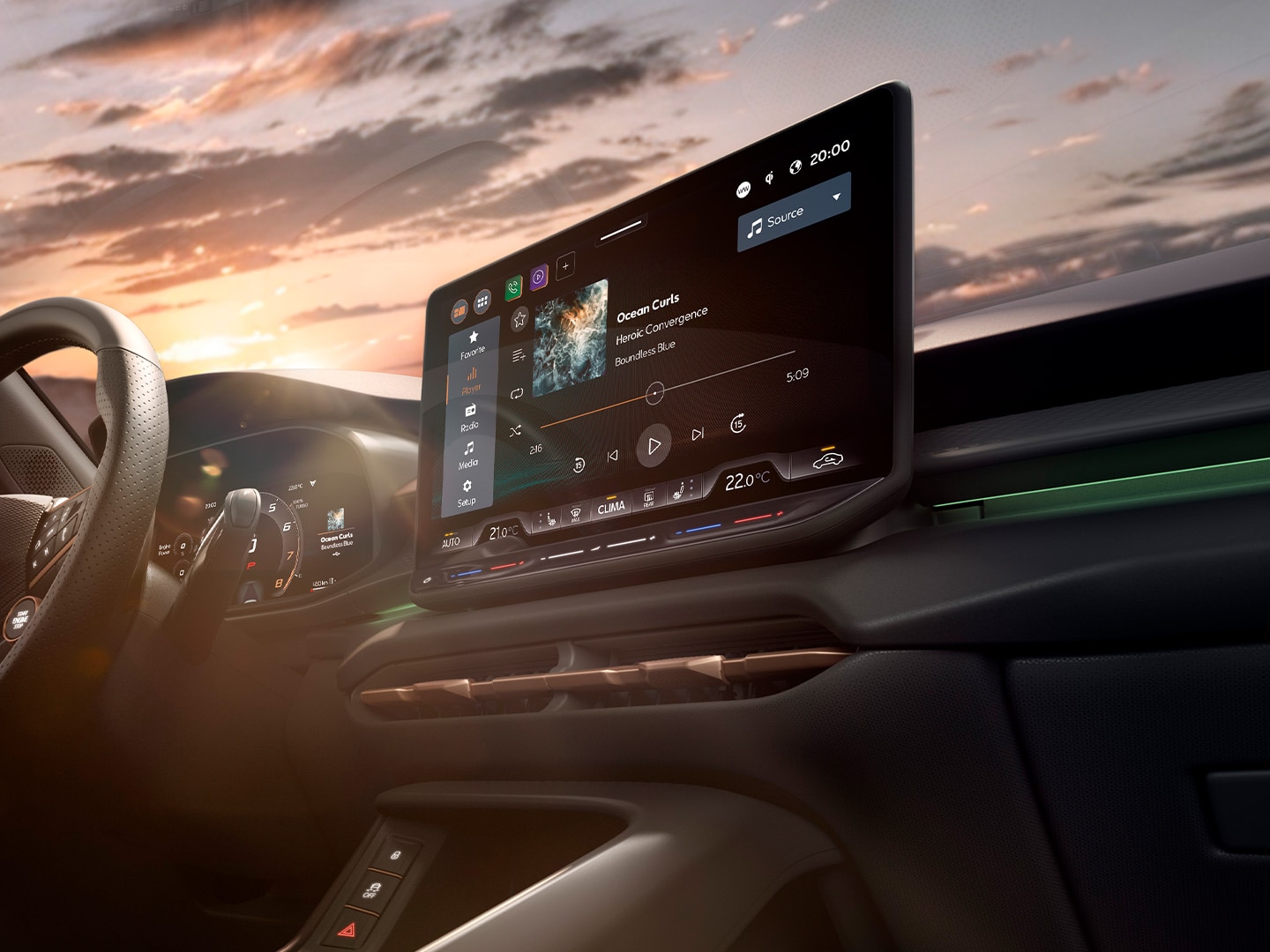 Interior del nuevo CUPRA Terramar con sistema de infotainment de 12,9", volante con levas y salpicadero con detalles en cobre.