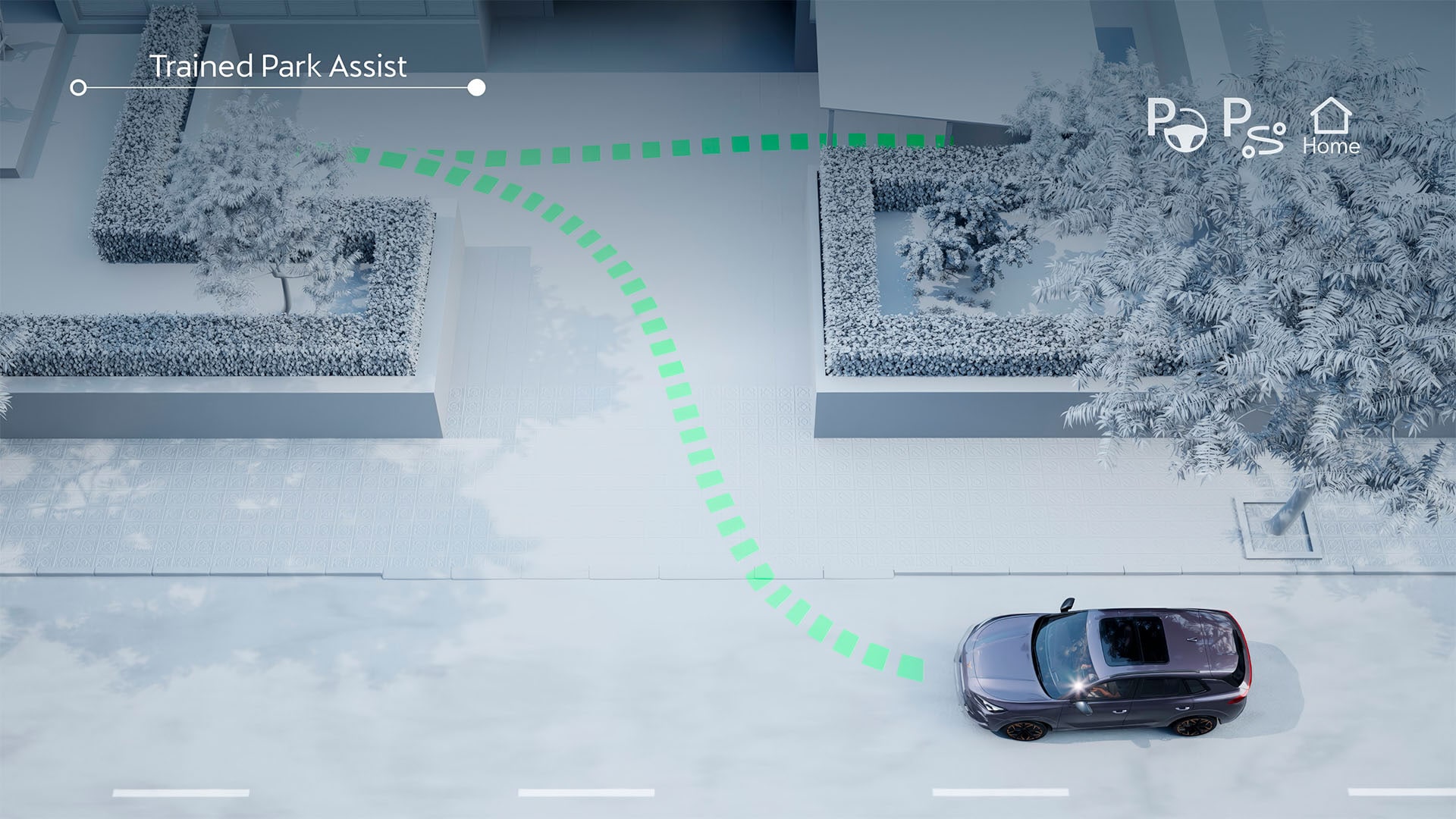 Animación de las funciones Intelligent Park Assist y Trained Park Assist del CUPRA Terramar, que muestran los avanzados sistemas de asistencia al conductor para la conducción semiautónoma y el aparcamiento.