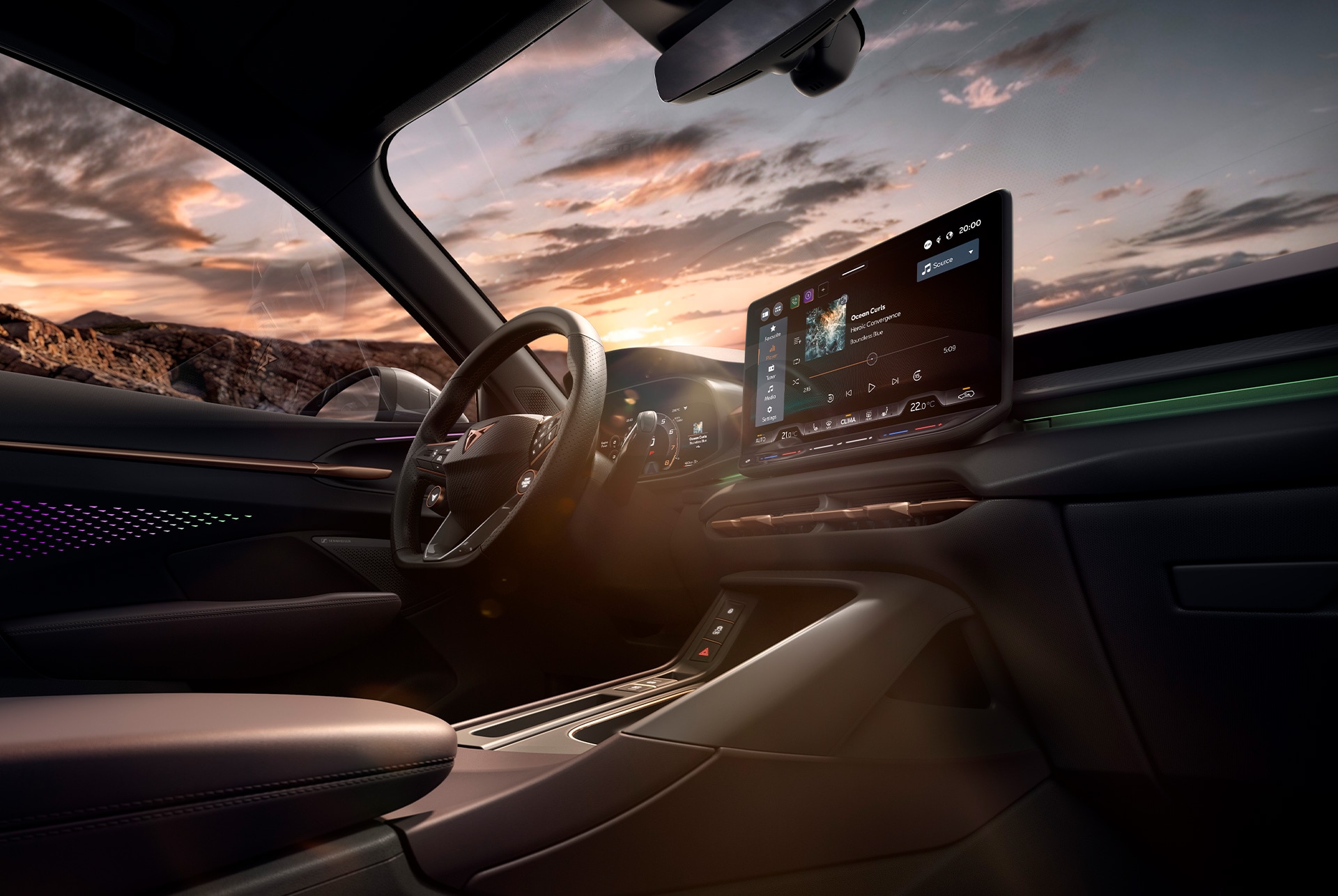 Primer plano del volante deportivo multifunción forrado en cuero del CUPRA Terramar, con calefacción integrada y funciones Tiptronic.