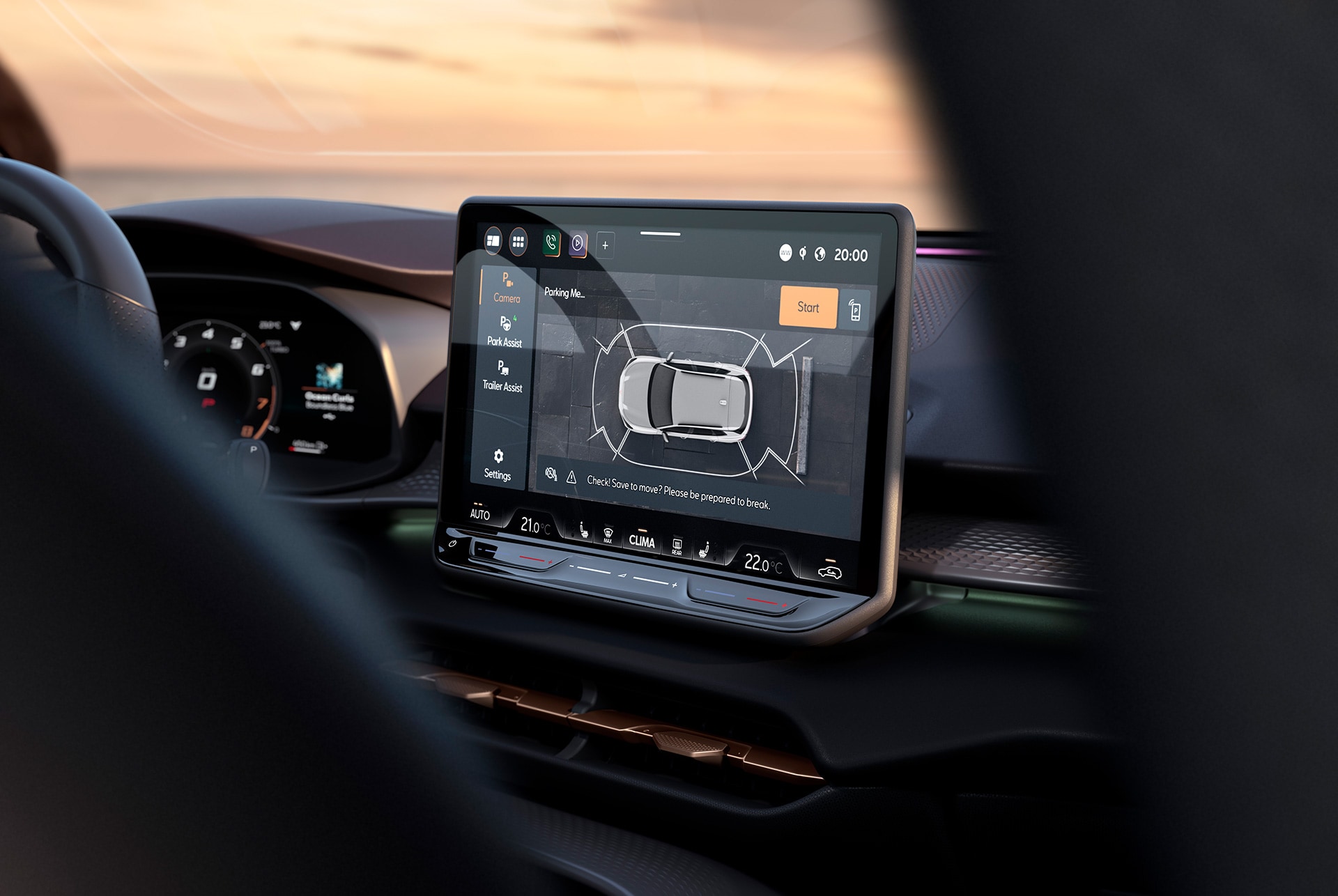 Sistema de Infotainment del CUPRA Terramar, que destaca la funcionalidad de la Cámara de visión superior en la pantalla táctil de 32,7cm (12,9"). 