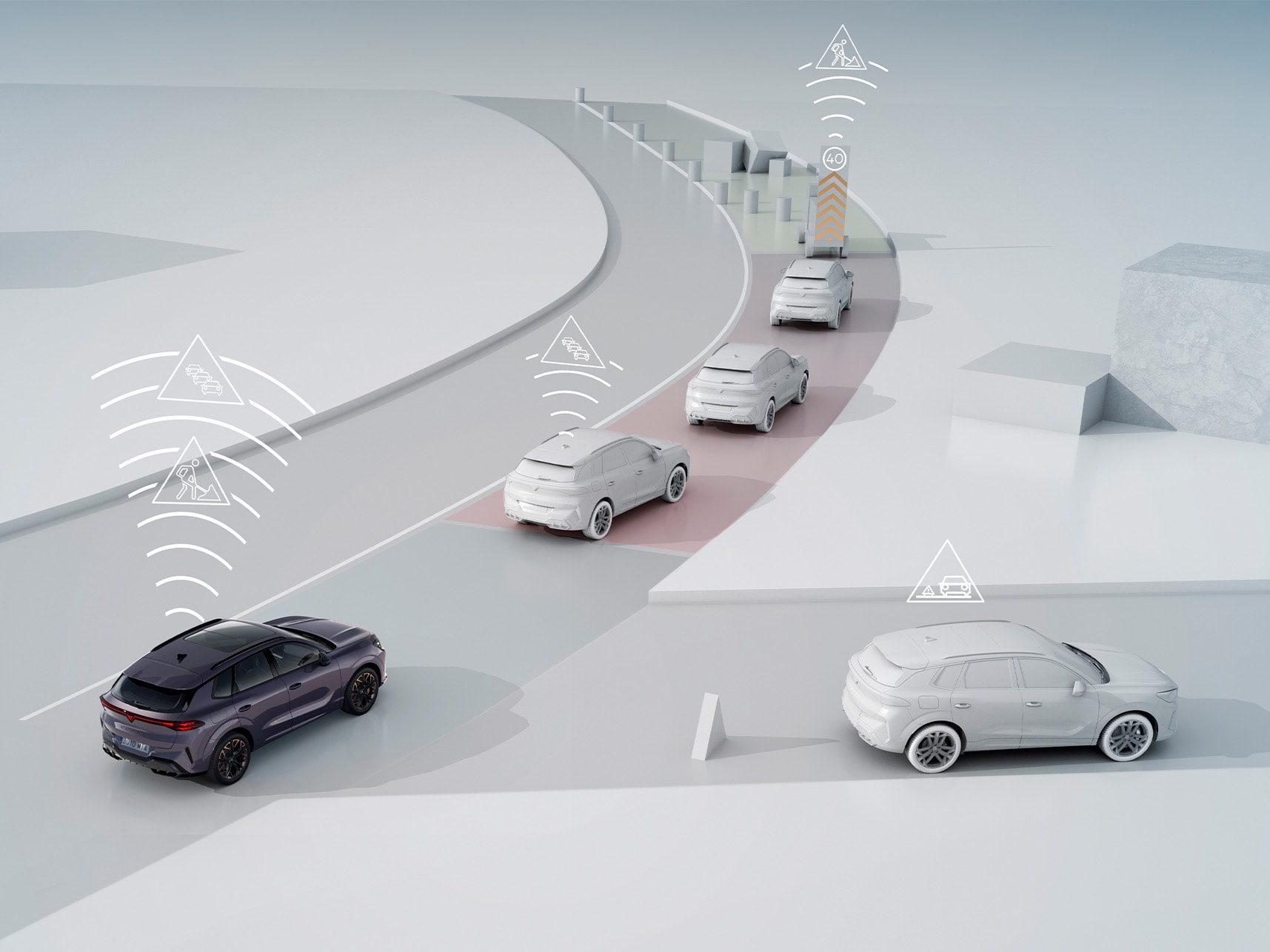 Demostración de la tecnología de comunicación CAR2X en el CUPRA Terramar, donde aparece el vehículo comunicándose con otros coches e infraestructuras para mejorar la seguridad vial y la eficacia del tráfico.